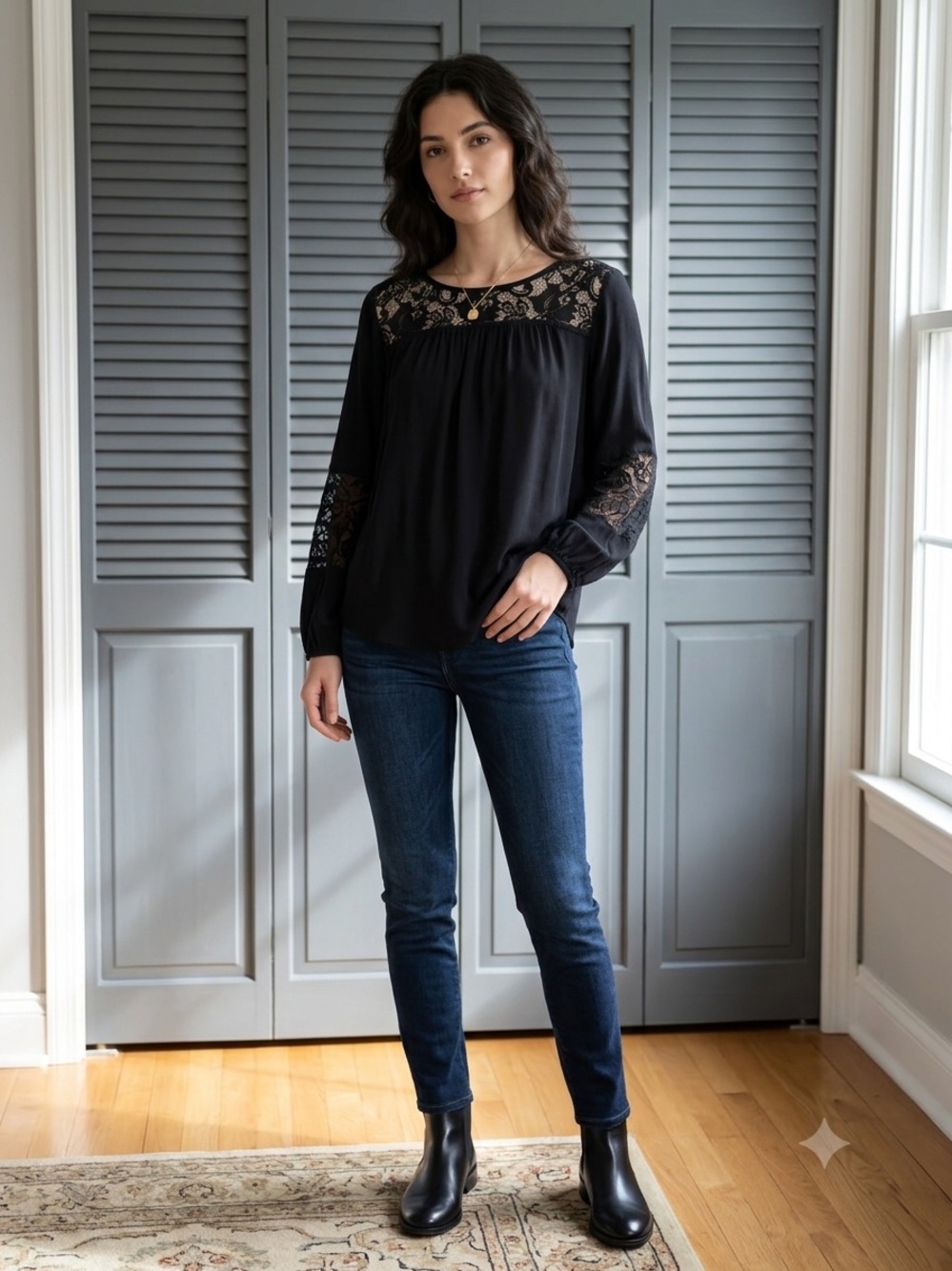 Joie Black Lace Yoke Long Sleeve Viscose Blouse - Size Medium (M) Romantic Boho